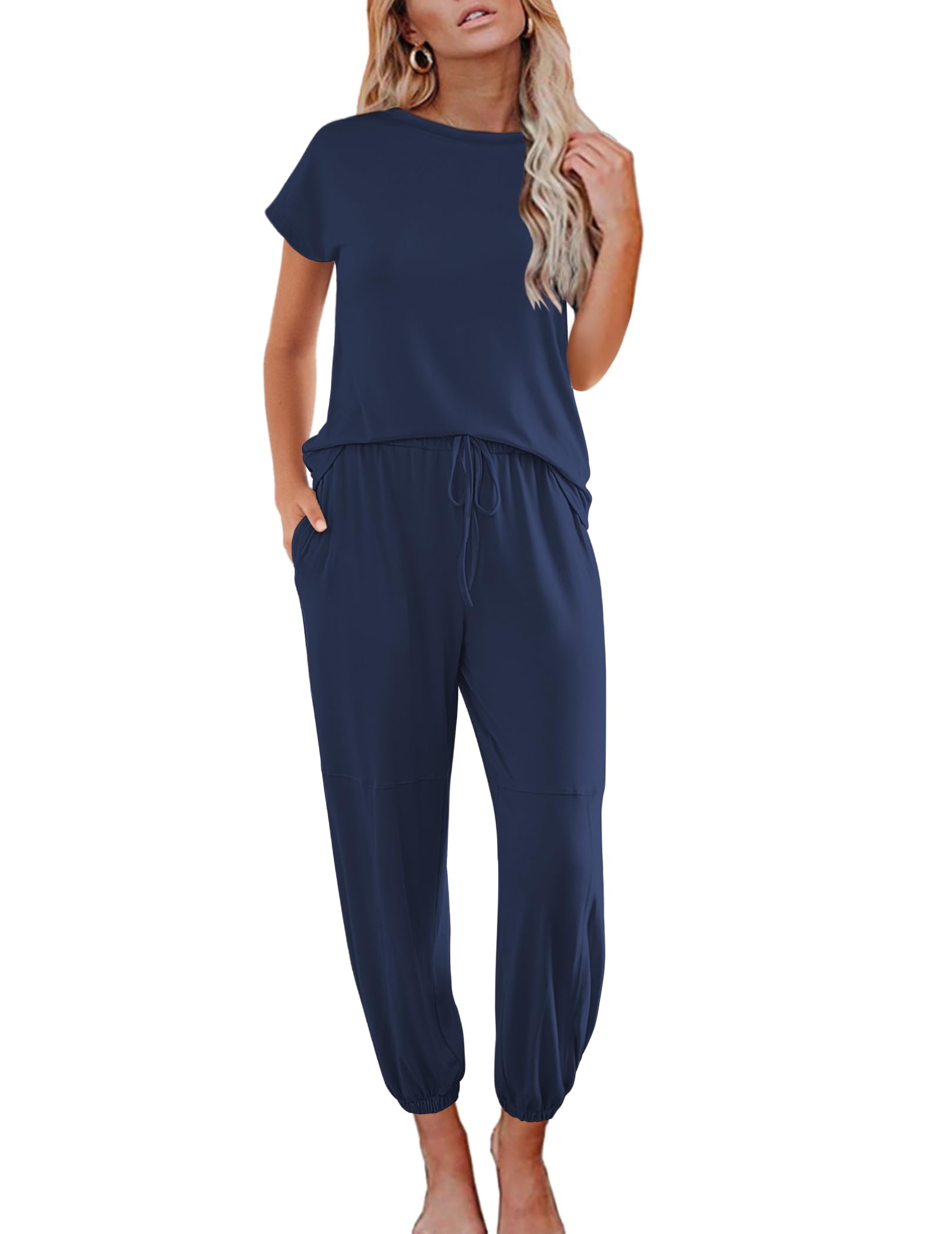 Ekouaer Pajamas for Women 2 Piece Lounge Sets Cap Sleeve Loungewear Top with Joggers Pants S-XXL