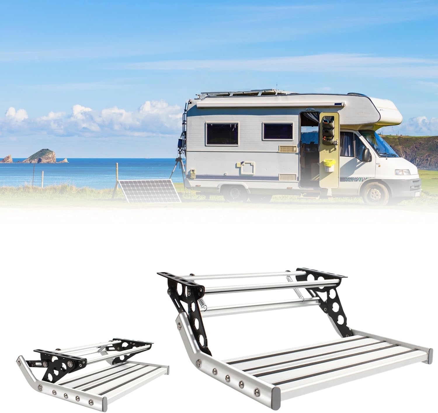 LHUITUI Single Double Layer RV Step, Manual Electric Retractable RV Steps, RV Step Stool, With LED Light, 440lbs 200kg Load Capacity, Anodized, For Motorhomes, Trailers, Trucks Single-layermanual