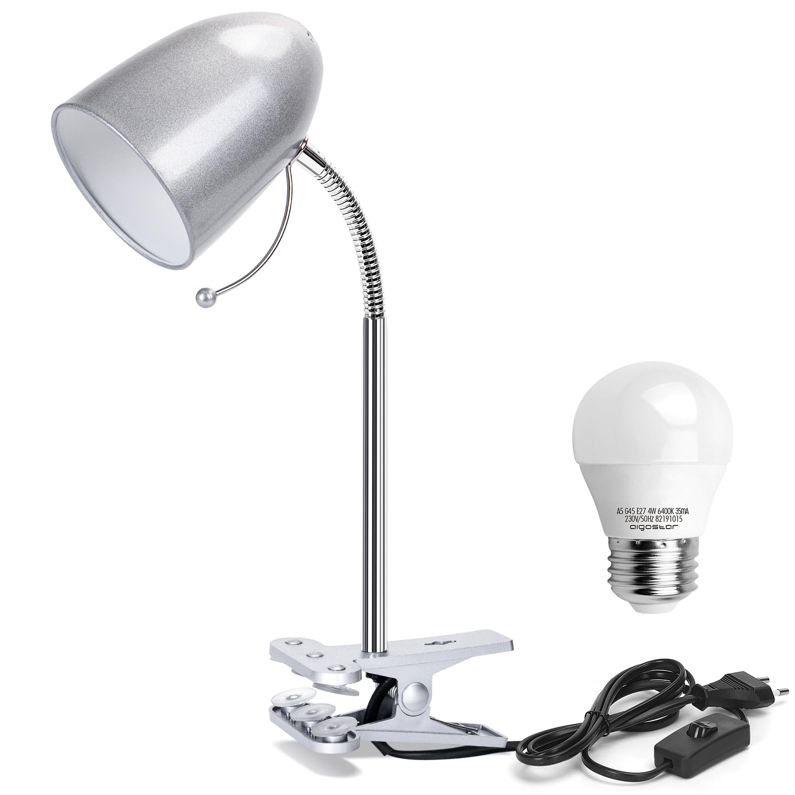 Aigostar Lámpara de Escritorio con Pinza, Flexo LED Escritorio Retro de Metal con Cable, Flexo de Pinza con E27 Bombilla LED, 6500K Luz Blanca, Luz Lectura con Clip Ra≥80, Máx 240V, Plata