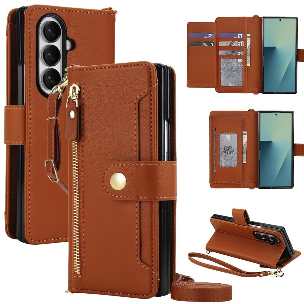 Generic Compatible con Samsung Galaxy Z Fold 3 (color marrón) Funda tipo cartera de piel con cremallera de alta calidad con varias ranuras traseras con correa para el hombro