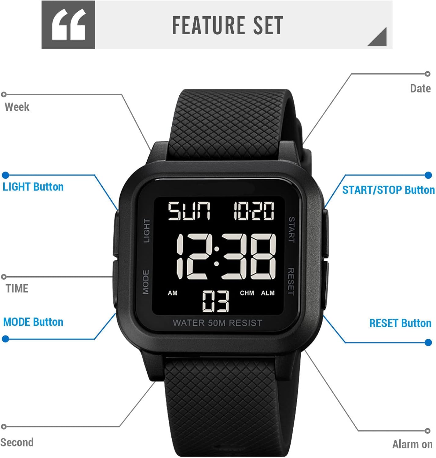 Forrader Mens Digital Watch Big Numbers Dial Large Face Waterproof LED