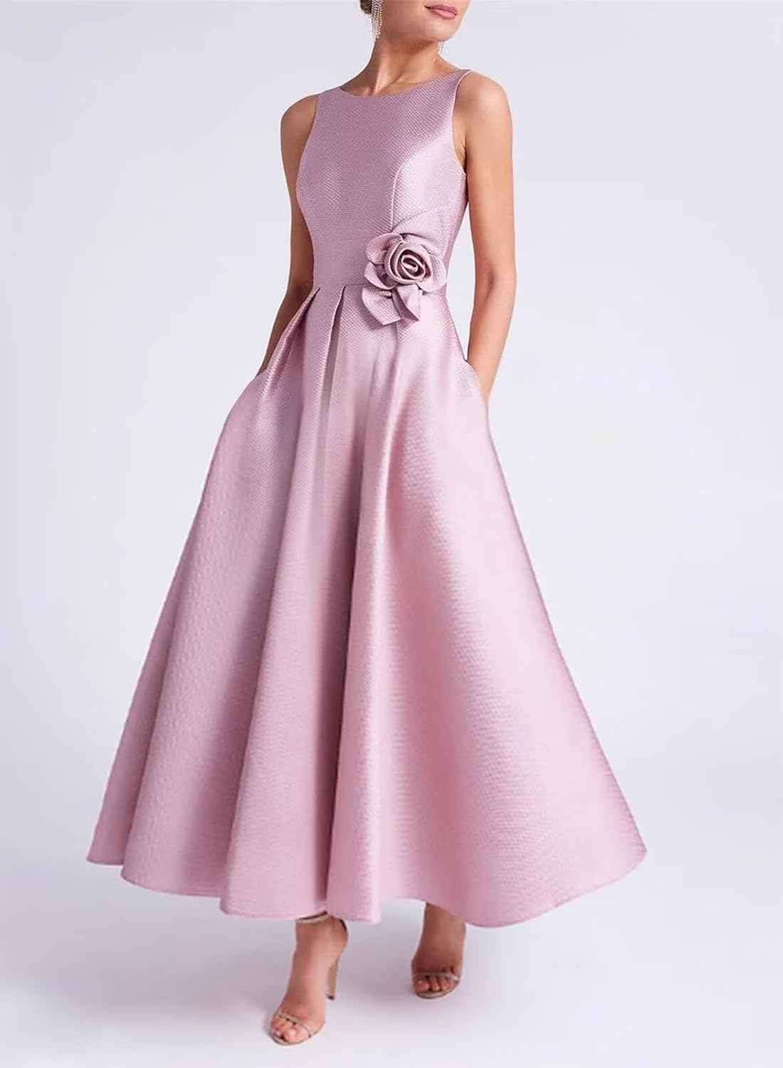 Womens Satin Tea Length Mother of The Bride Dress Crew Neck Formal Elegant Evening Gown with Pocket - Image 3
