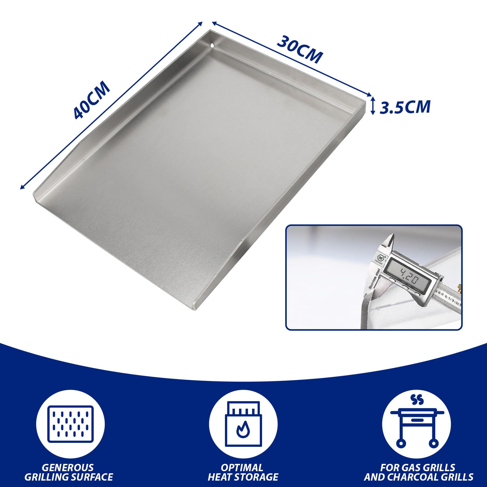 40x30CM Edelstahl Plancha Grillplatte mit Grillspachtel Schaber set | 4mm starkem Universal Plancha für Gas Gasgrill und Holzkohlegrills