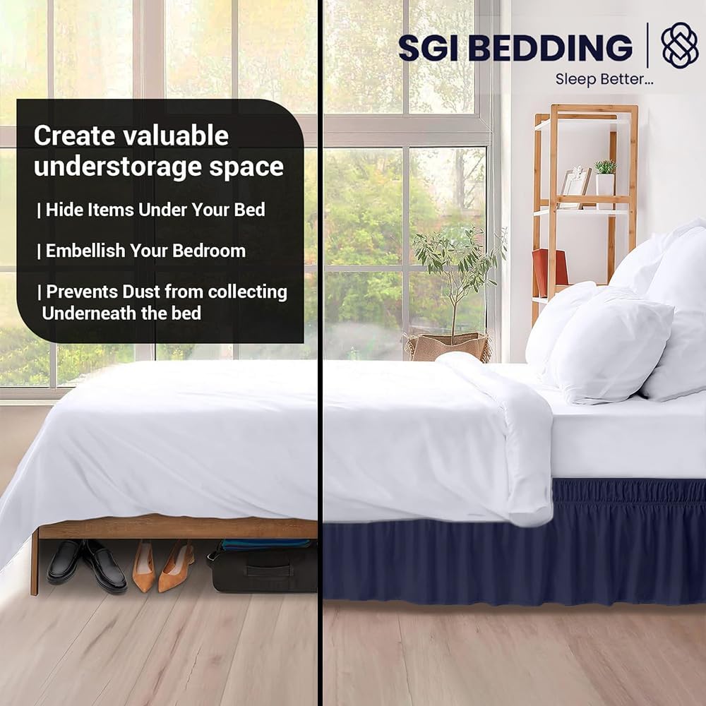 SGI Bedding 16 inch Drop Wraparound Bed Skirt Cal King Size - No Lifting Required, Adjustable Easy Fit Elastic Strap, Classic Gathered Styling Dust Ruffle, Fade Resistant - Navy Blue