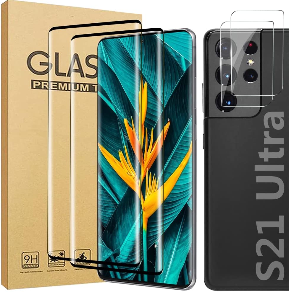 [2+2 Pack]Galaxy S21 Ultra Screen Protector, With Camera Lens Protector,9H Hardness 3D Curved High-Definition Glass,Fingerprint unlock, Easy to Install,Anti-Scratch,For Samsung Galaxy S21 Ultra (6.8")