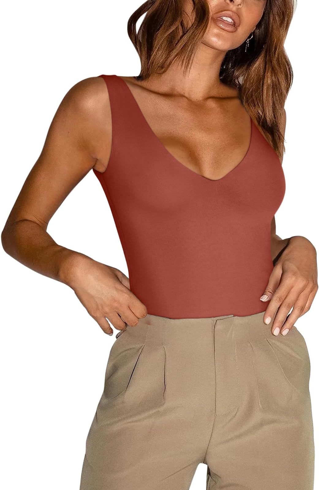 REORIA Butsmooth® Women’s Trendy Sexy Plunge Deep V Neck Sleeveless V Backless Going Out Tank Bodysuits Tops