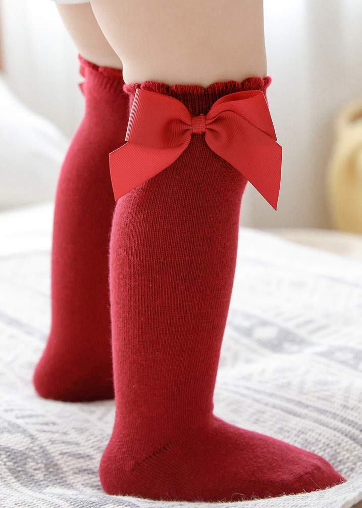 NANQUAN Maorrew 2 Pack Baby Girls Knee High Socks Bow Long Stockings Infants Toddlers Cotton Ruffled Uniform Leggings Wine Red/Pink 0-12 Months