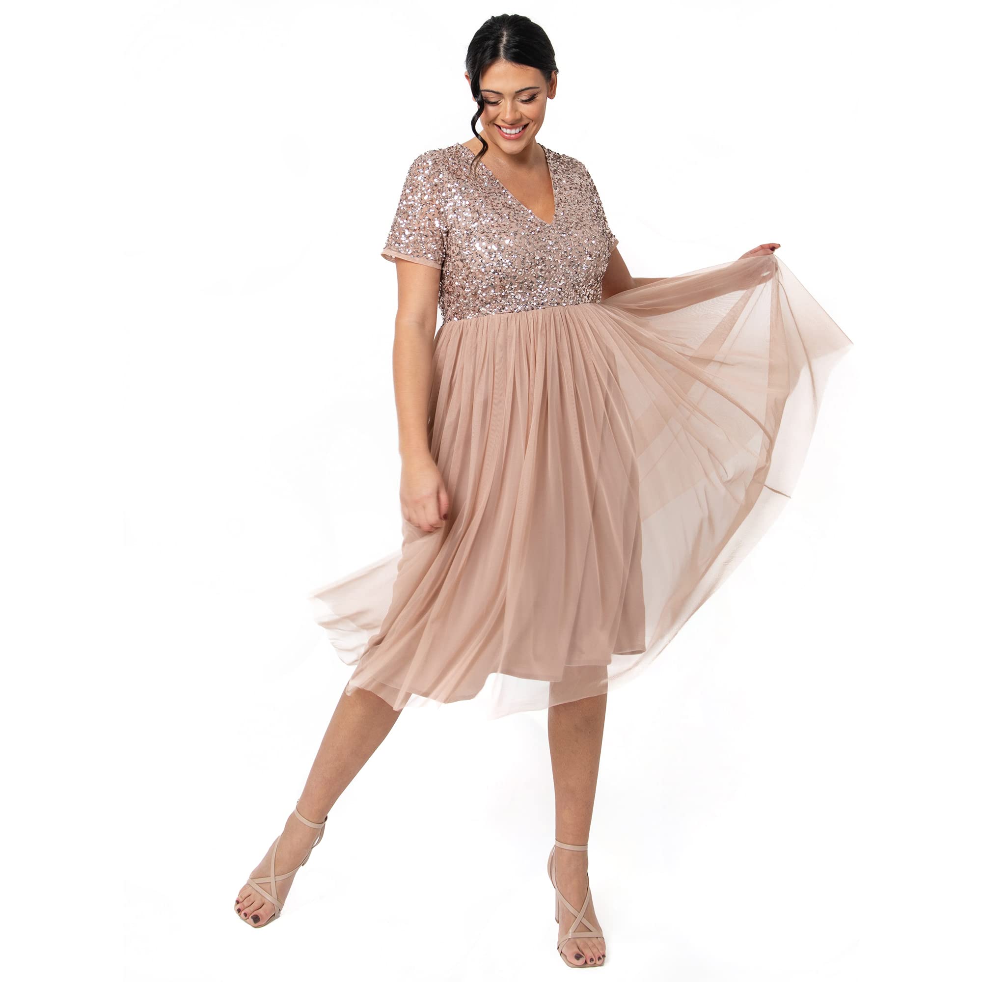 Maya Deluxe Women's Embellished Midi Evening Dress, V Neck, Short Sleeve, Taupe Blush, UK 26, Model AZ2617MIDI-PC