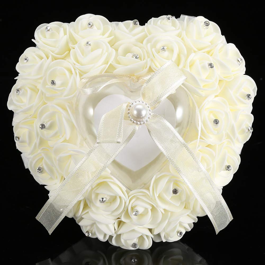 Ailgely Heart Shaped Romantic Wedding Box Rose Rhinestone Decor Pillow (Milk White)