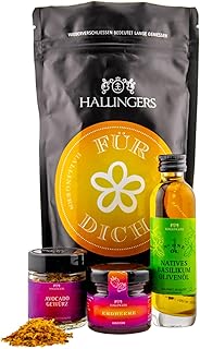 Hallingers Genuss Manufaktur Premium Geschenkkorb Geschenkset zum Valentinstag – Feinkost Mix, Wundertüte "Für Dich" mit Avocado Gewürz, Erdbeer Konfitüre & Basilikum Olivenöl, xxx