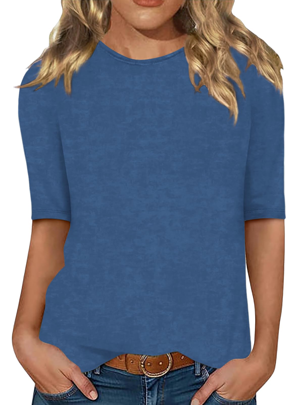 Minetom Damen Halbarm T-Shirt Rundhals Sommer Tshirt Leichte Einfarbig Oberteil Basic Tops A Dunkelblau XL