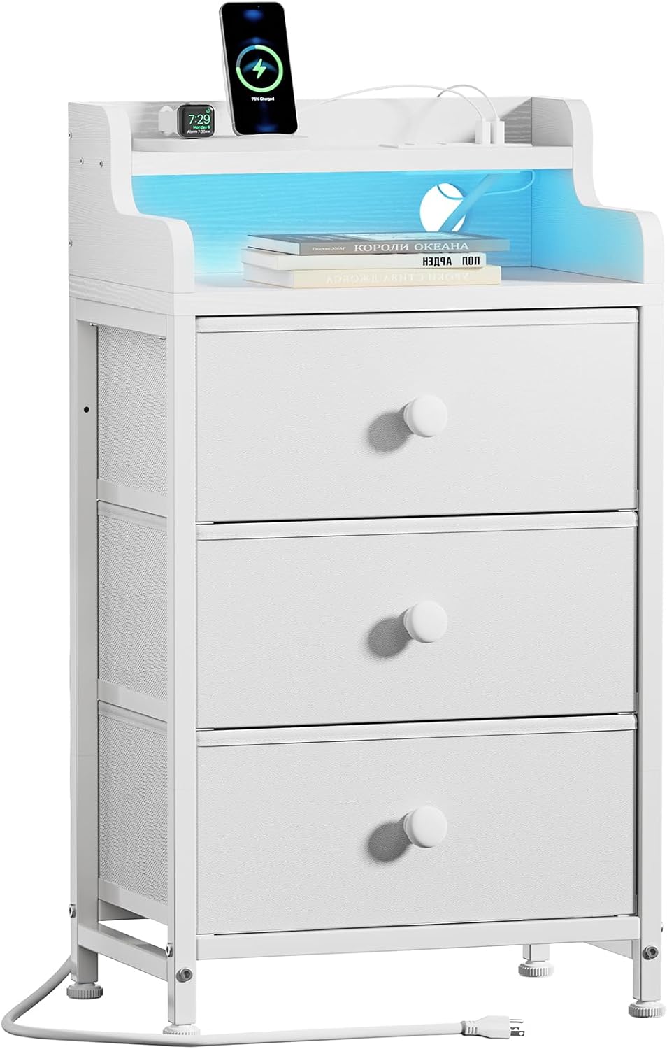 REAHOME Nightstand with Charging Station, Tall White Night Stand with 3 Drawers and 2-Tier Shelf, Bedside Table with Sturdy Steel Frame Wood Top for Bedroom, Living Room, Hallway-White