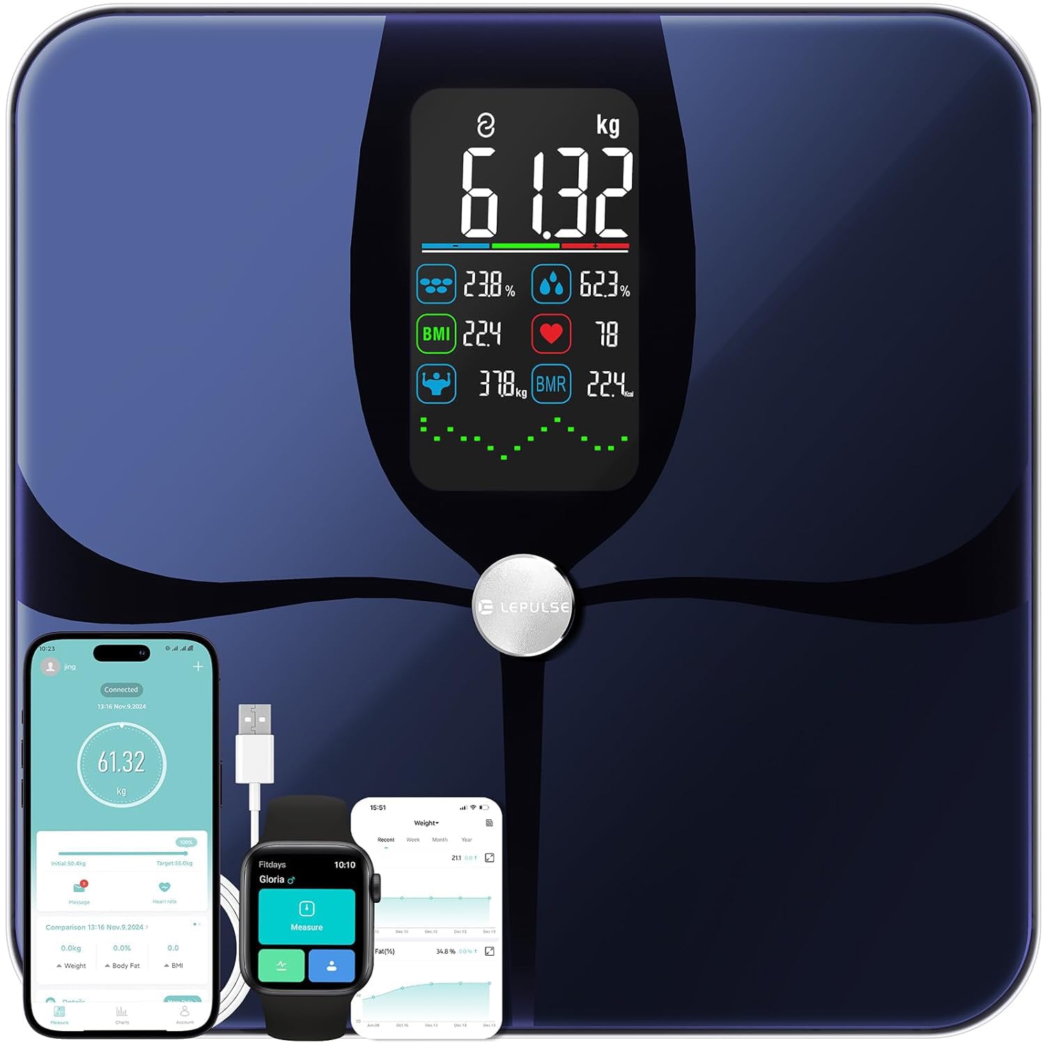 Bilancia Pesapersone Digitale, Bilancia Impedenziometrica Professionale, Smart Bilancia Massa Magra e Grassa BMI con 22 Indici, Bilancia Pesapersone Professionale con App (Ricaricabile)