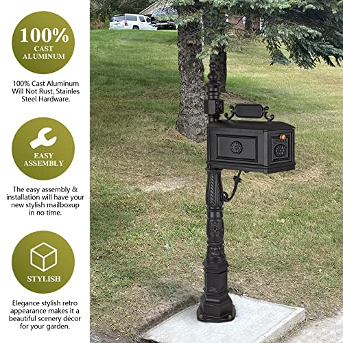 Polar Aurora Barcelona Decorative Post Mailbox Combination Stratford Heavy Duty Postal Mail Box Cast Aluminum(Black)
