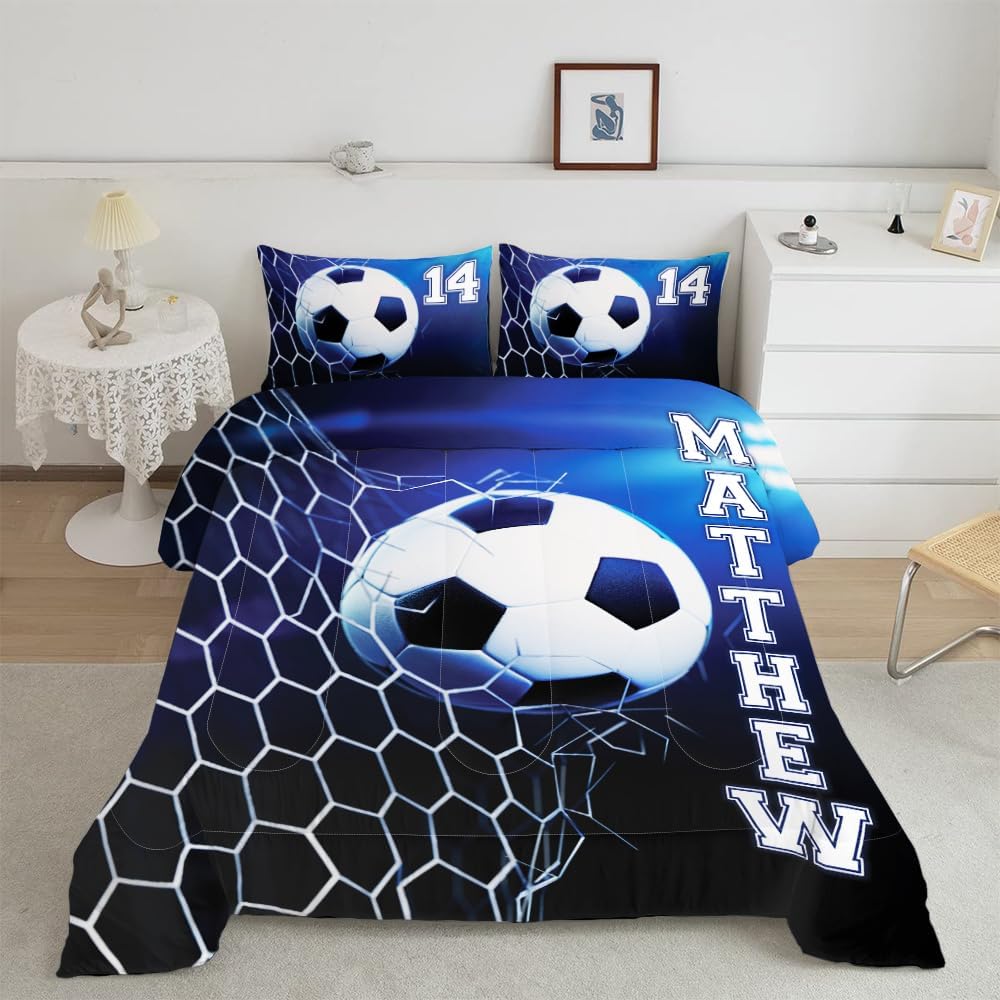 Soccer Bedding Twin Set Soccer Ball Full Boys Bedspread Soccer Room Decor Blue Goal Pattern Soccer Queen Bedding Sets for Boy Girl Teen, Sports Gaming Duvet Cover 3Pcs Printed Bed Sheet