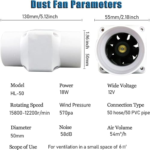 Miniatura 2 de Ventilador de escape de conducto en línea de 2 pulgadas y 18 W, ventilador de ventilación de circulación de aire de 12 V, mini ventilador de