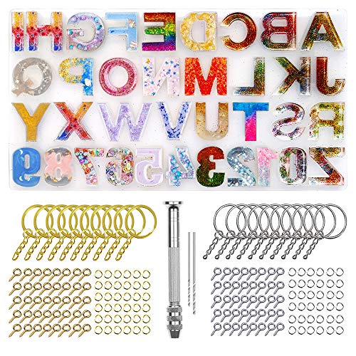 224Pcs Alphabet Silicone Resin Casting Molds Kit, Reversed Letter & Number Epoxy Casting Molds with Pin Vise Set for DIY Making Keychain Resin Crafts