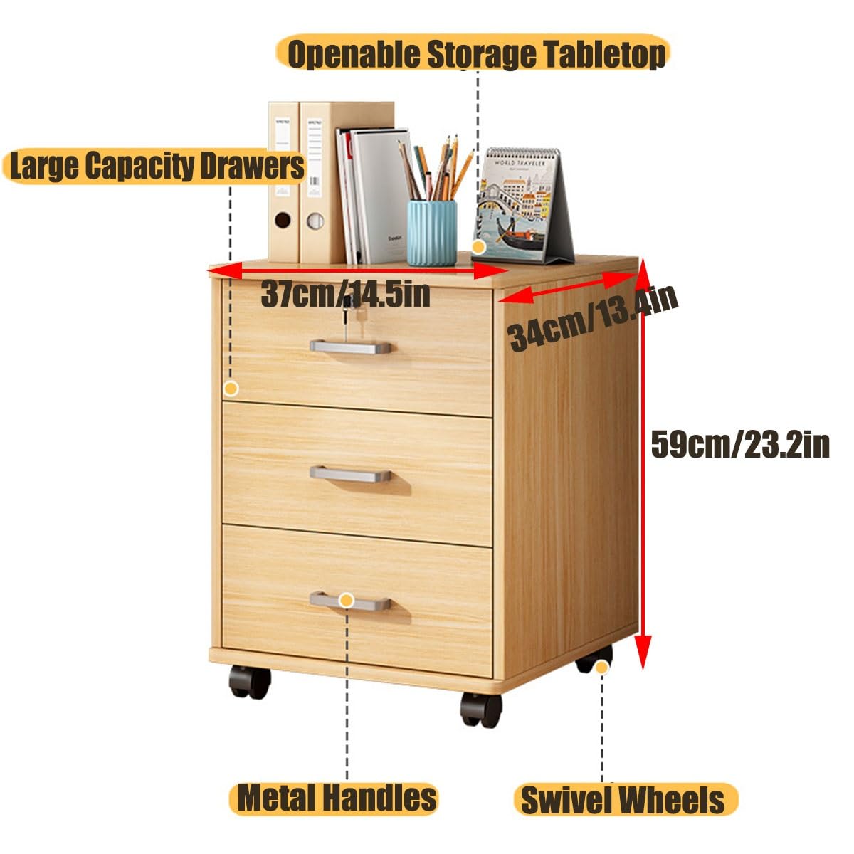Aktenschrank mit 3 Schubladen, Holz, für Zuhause, Büro, abschließbar, A4, Briefablage auf Rollen, platzsparendes Design, 36,8 x 34 x 58,9 cm, Weiß