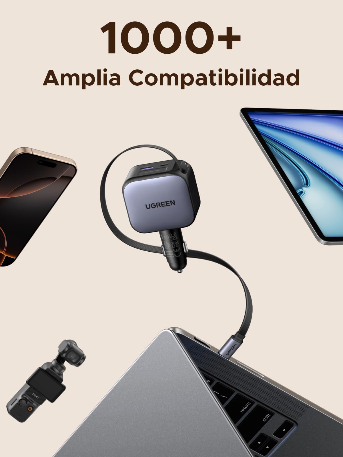 UGREEN 145W Cargador Coche Retráctil Carga Rápida, Car Charger USB C 4 Puertas con Cable Retractil, Compatible con iPhone 17 Pro MAX Air/iPhone 16/15/14, Galaxy S25/24, Pixel 10/9, MacBook, iPad Pro
