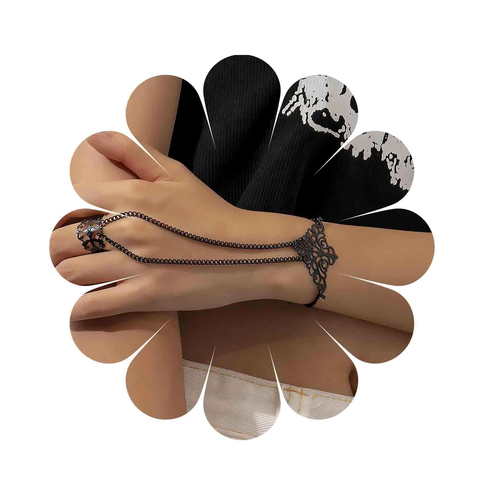 Punk Black Finger Bracelet Ring Wrist Bracelets Black Ring Chain Bracelets Gothic Slave Bracelet Hand Chain Jewelry for Women