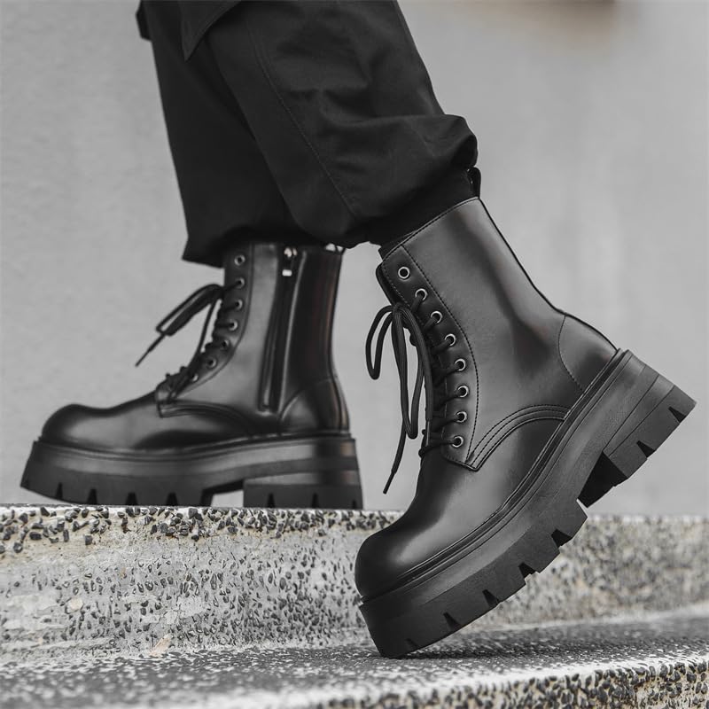Men's Leather Platform Lace Up Combat Boots Fashion Side Zipper Chunky Heel Lug Sole Motorcycle Boots Anti-Slip High Top Biker Ankle Booties4