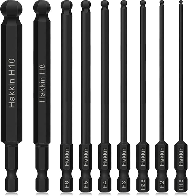 Hakkin Ball End Hex Bits 9Pcs Allen Key Bits 1/4 Hex Shank S2 Steel Phosphate Treatment Magnetic Allen Wrench Screwdriver Bits Metric H1.5-H10 Hex Key Set for Furniture Assembly