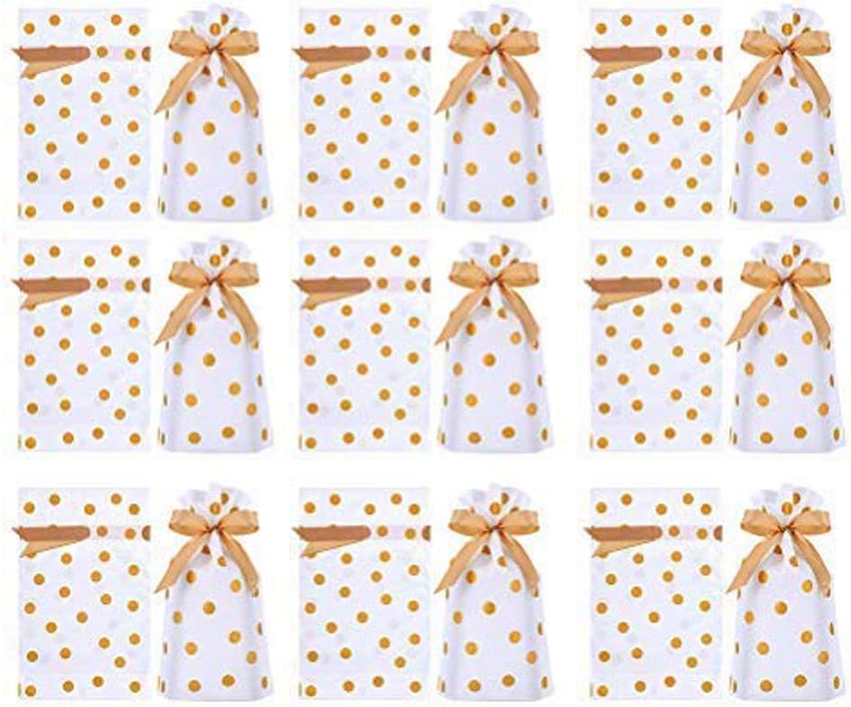 DINGJIN 50 Pack Gold Polka Dot Drawstring Candy Bags Plastic Favor Bag Drawstring Cookie Bags for Christmas Wedding Party Birthday Engagement Christmas Holiday Favor