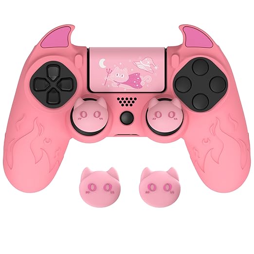 PlayVital Cute Demon Controller Skin for ps4 with Thumb Grips & Stickers, Kawaii Anti-Slip Silicone Cover Grip Protector for ps4 Slim/Pro Controller - Pink
