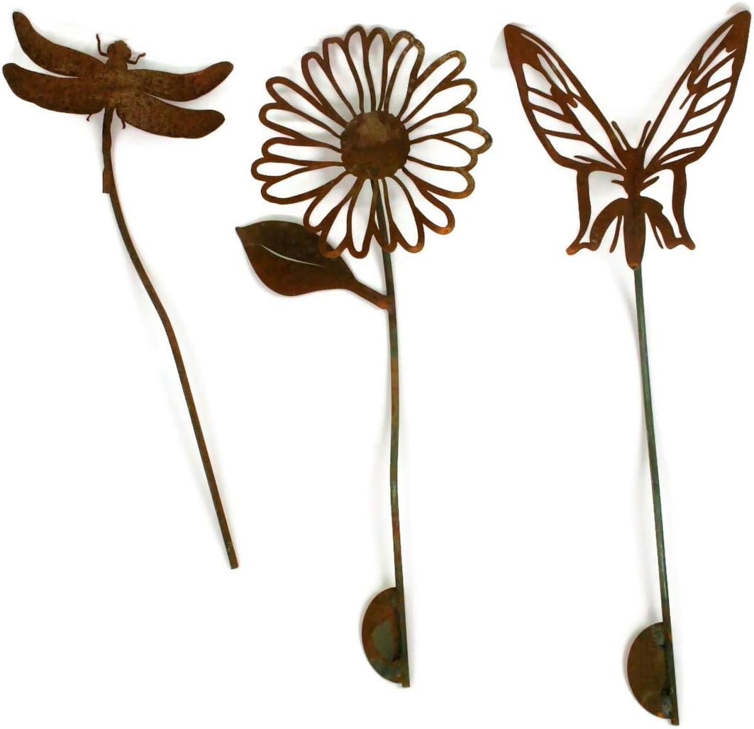 Metal Rustic and Colorful Flower Stakes Ranging from 9.5 to 36 Inches Tall (Daisy, Butterfly and Dragonfly Stake Set, Naturally Rusted)