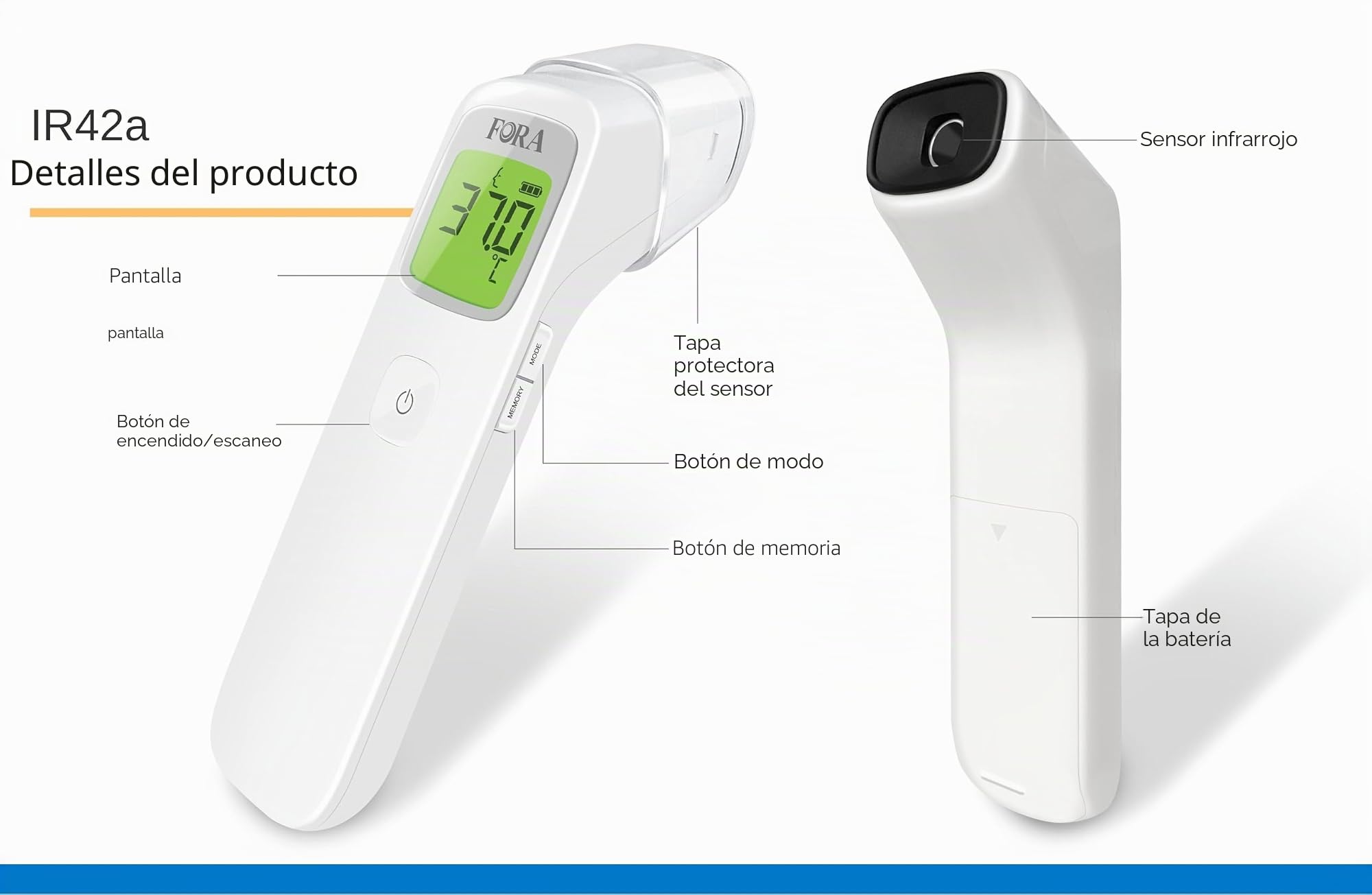 FORA IR42 Termómetro de frente - Termómetro infrarrojo para fiebre, sin contacto, medición inmediata y precisa para bebés, adultos y objetos, indicador LED y advertencia de fiebre