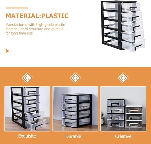 Miniatura 4 de Torre de almacenamiento de plástico de 5 cajones, gabinete de almacenamiento multifuncional con cajones transparentes, estuche organizador para