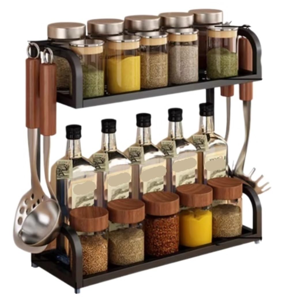 GTHTUHFD 2Tier Stainless Steel Spice Rack 40Cm Kitchen Organizer For Bottles Spice Holder Condiment Storage Versatile Kitchen Shelf Durable And Stylish Design For Spices And,Black-50cm