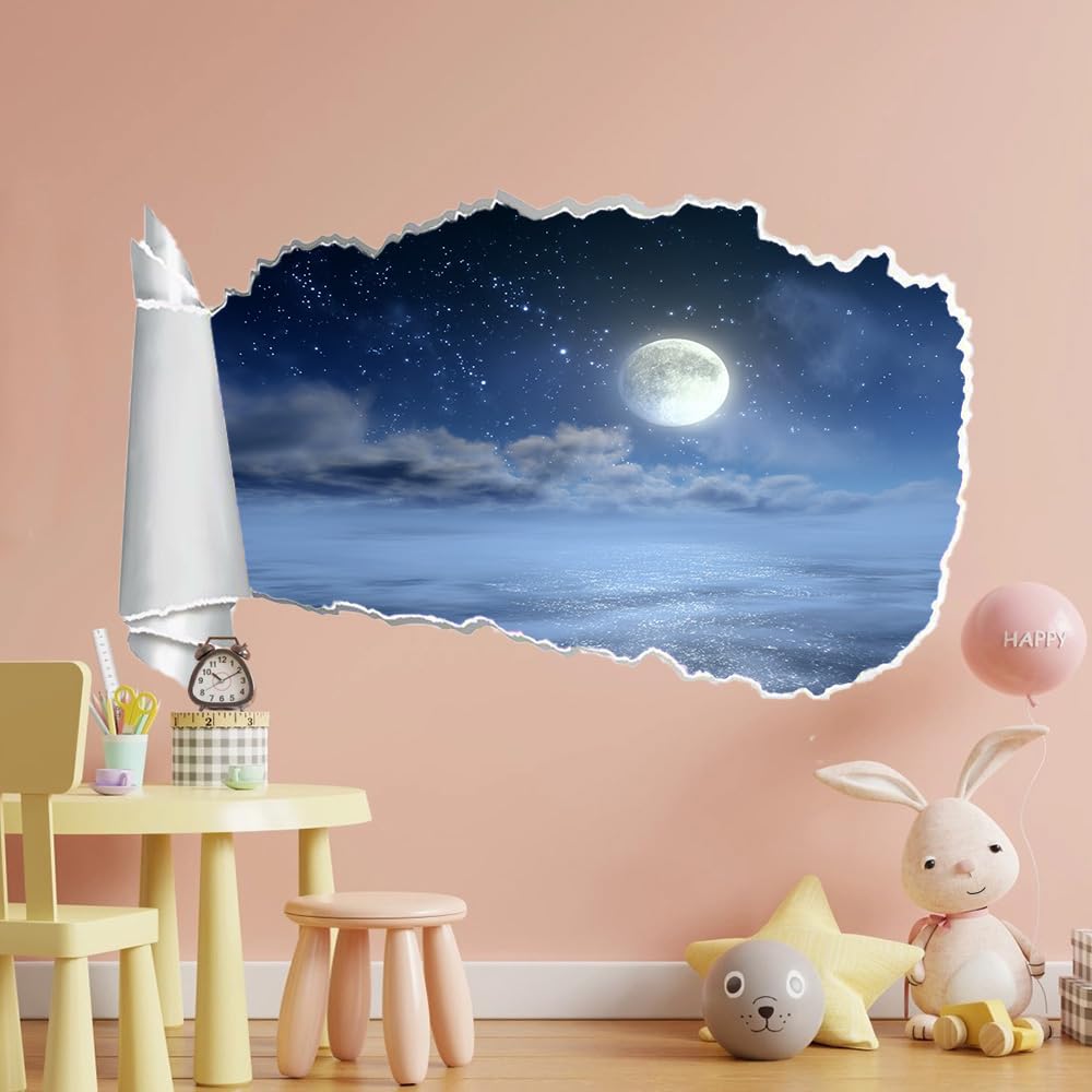 Adesivo Da Parete 3D Rimovibile Luna Decorazione Da Parete, Pavimento, Vista Notturna Del Mare Per Bagno, Camera Da Letto, Soggiorno, Sala Giochi, Murale 70X112Cm