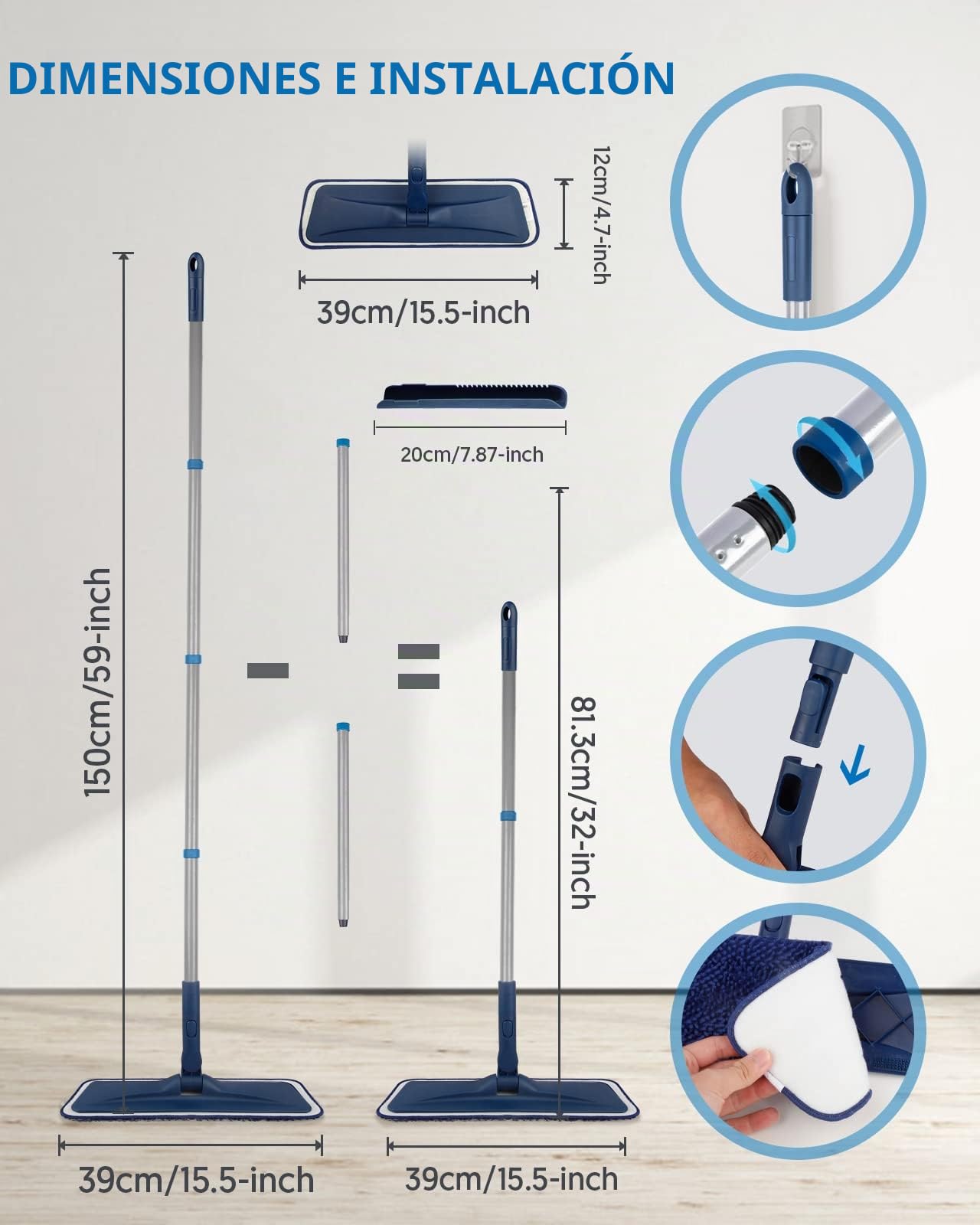 BPAWA,Mopas de microfibra para limpiar suelos, azulejos de madera, mopa pequeña para baño con 4 almohadillas de chenilla lavables reutilizables