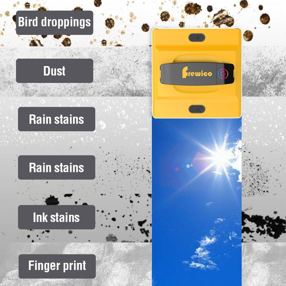 Frewico Window Cleaning Robot effectively removing various stains like bird droppings, dust, rain stains, ink stains, and fingerprints from a window.