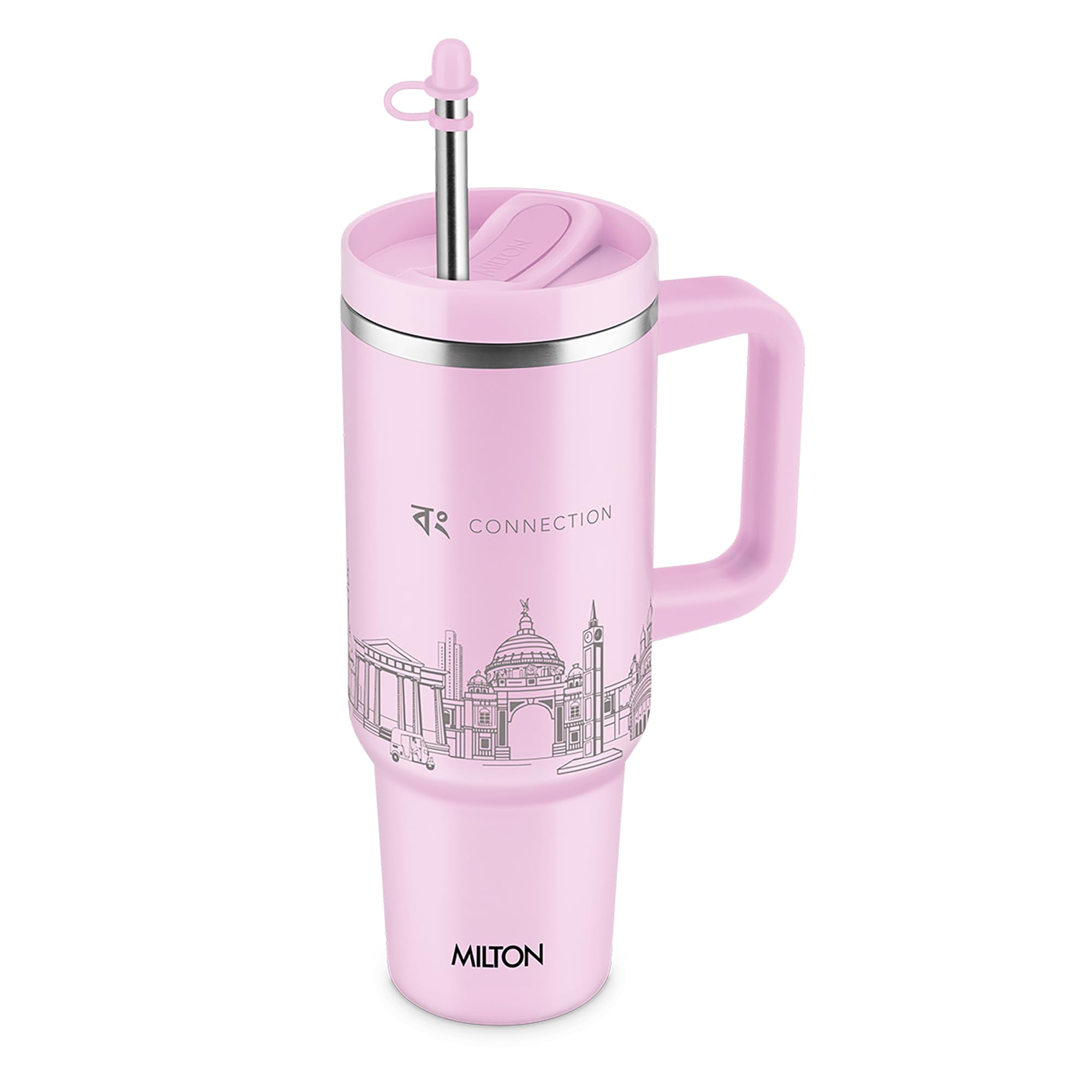 MILTON Malmo 1200 Thermosteel Double Wall Vacuum Insulated Stainless Steel Tumbler with Handle 1100ml, Travel Mug with Straw,Silicon Cap,Cleaning Brush,Hot & Cold Beverage Flask,Kolkata Pink