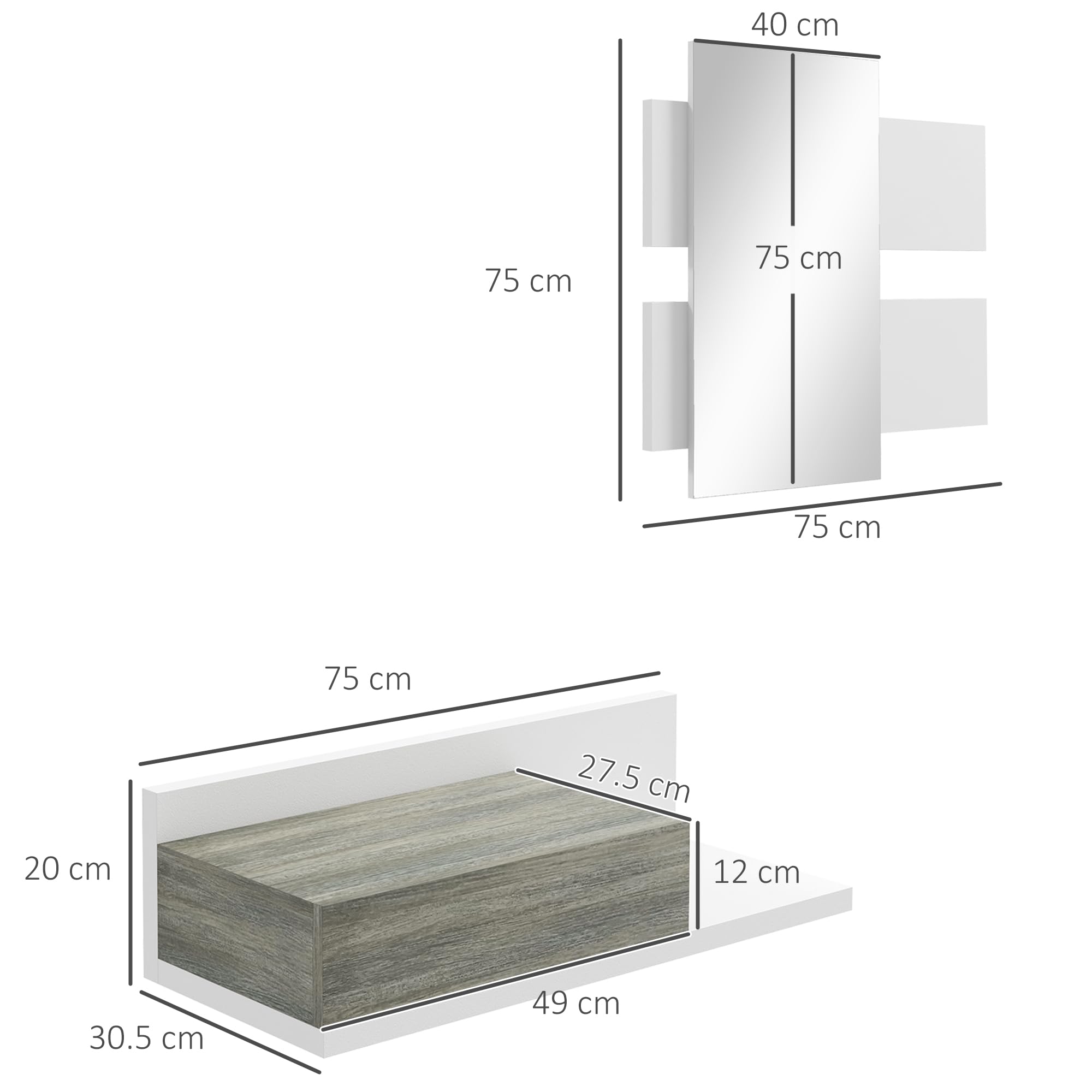 HOMCOM Mobile da Ingresso 2 in 1 con Specchio da Parete 75x3.5x75 cm e Cassetto 75x30.5x20 cm, Set da Ingresso in MDF e Vetro, Grigio e Bianco