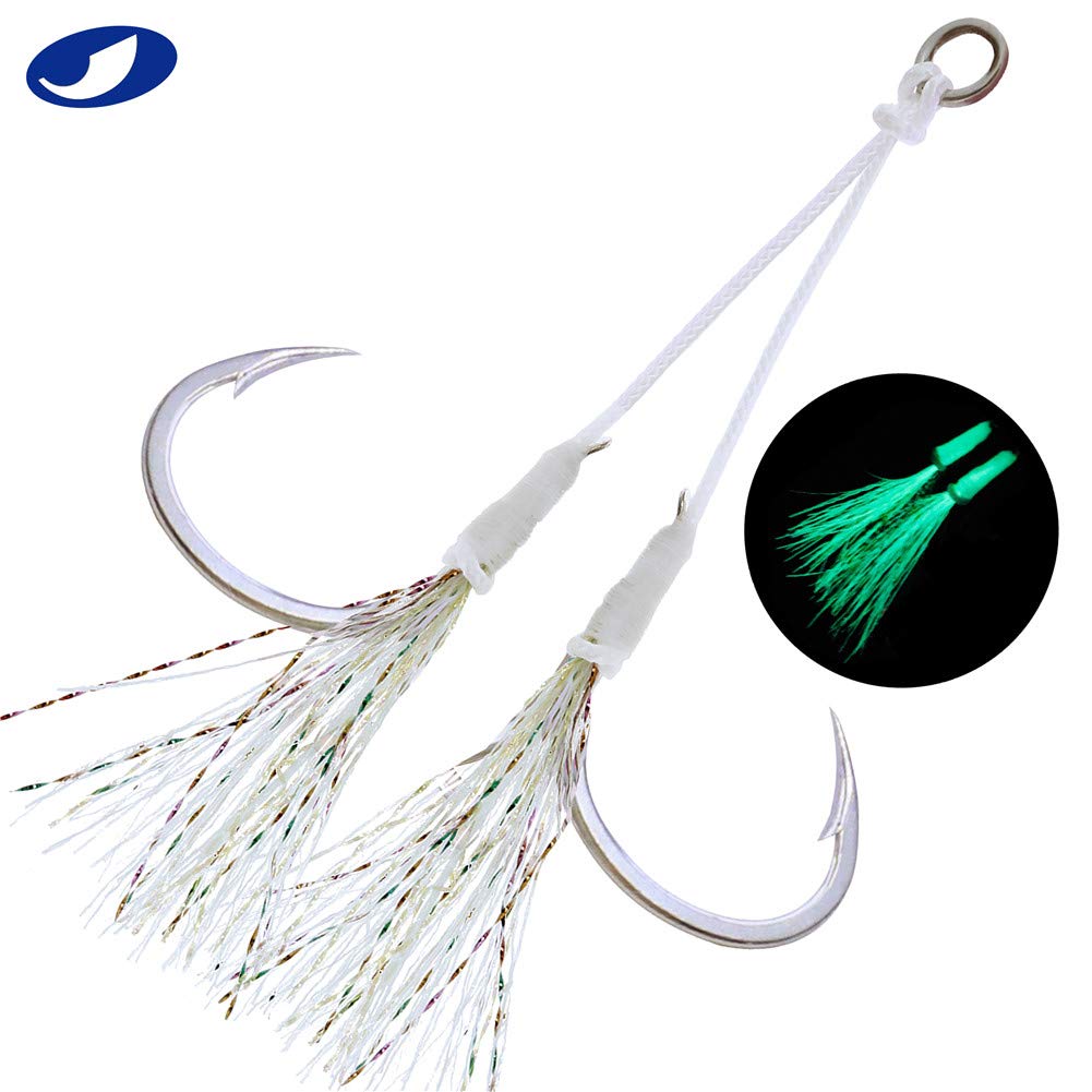 OCEAN CAT Assist Hooks – Butterfly Glow Series For Slow/Fast Jigging, Size 5/0 (White, 5 Packs)