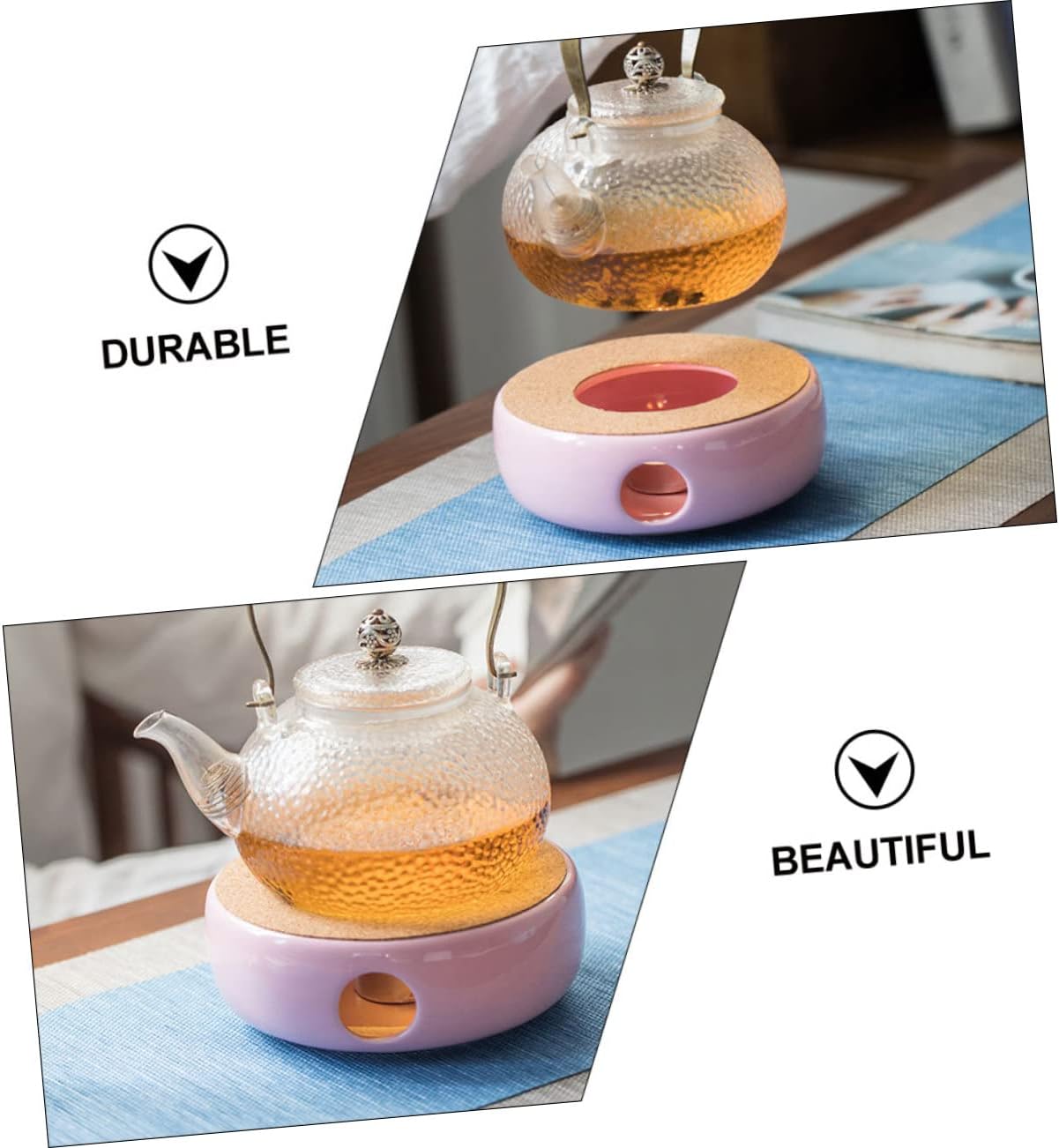 VICASKY Ceramic Teapot Warmer Base with Candle Heater Heat Resistant Tea Stove for Home Office Tea House Practical Ceramic Warmer for Glass and Heatproof Teapots Pink Purple