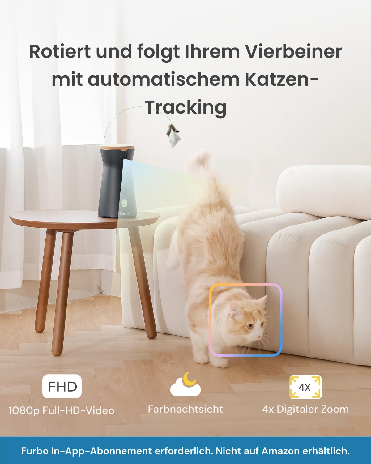 Furbo 360° Katzenkamera mit Heimsicherheits-Paket [Premium MIT ABO]: Intelligente Kamera mit App für Katze & Heim, Rotierende 360° Sicht, Farbnachtsicht, Tracking, Leckerliwurf, Miauen-Alarm UVM.