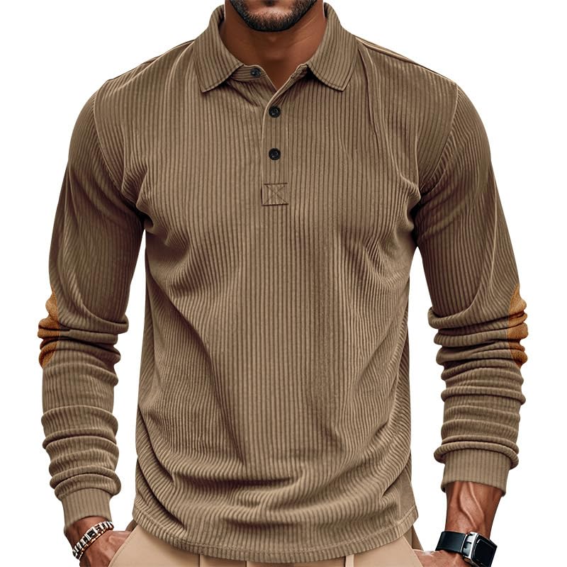Men's Long Sleeve Sweatshirt Corduroy Spread Collar Elbow Panel Button Up Ribbed Pullover for Men4