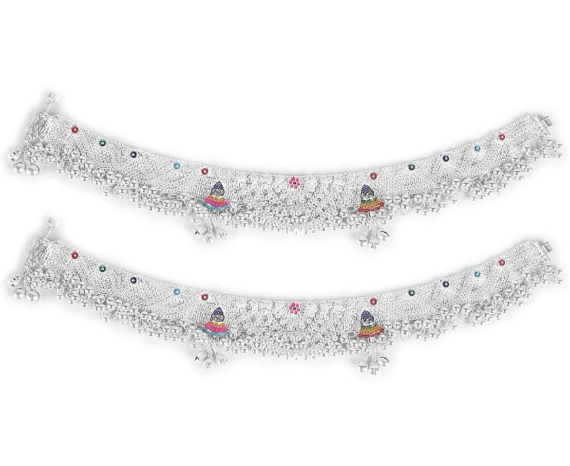 Traditional Silver-Plated Pearl Anklets for Women, Decorative Payal, Set of 2