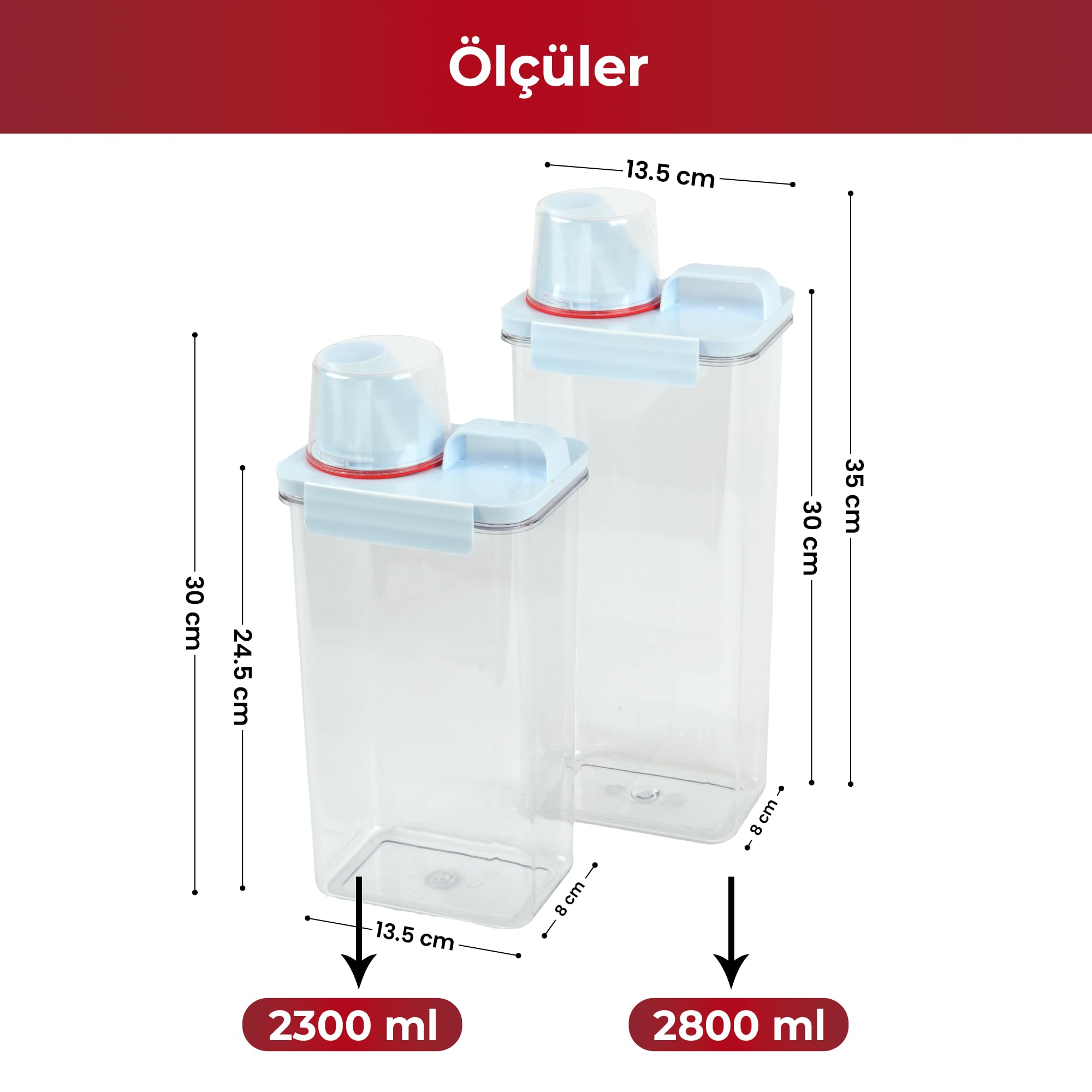 Pikas 2'li Büyük Boy Saklama Kabı – Ölçekli Kapak, Sızdırmaz Erzak Bakliyat ve Deterjan İçin Çok Amaçlı Set (2300-2800 ml)