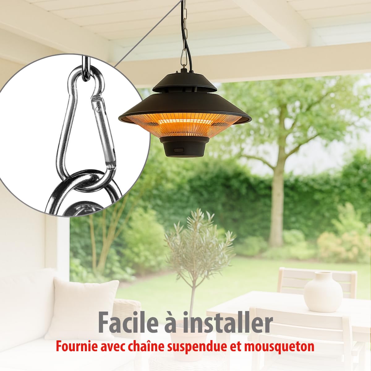 alpina Chauffage Extérieur Terrasse 1500W – Chauffage Électrique Suspendu Rond Infrarouge avec Télécommande – Radiateur de Terrasse Intérieur/Extérieur, Noir