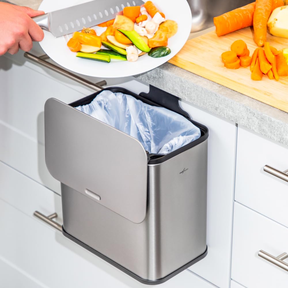 Red Factor - Cubo de basura de compost (acero inoxidable, con tapa filtrante, 5 L, sin olor, cubo de residuos de cocina para puerta de armario, encimera o debajo del fregadero (gris metálico)