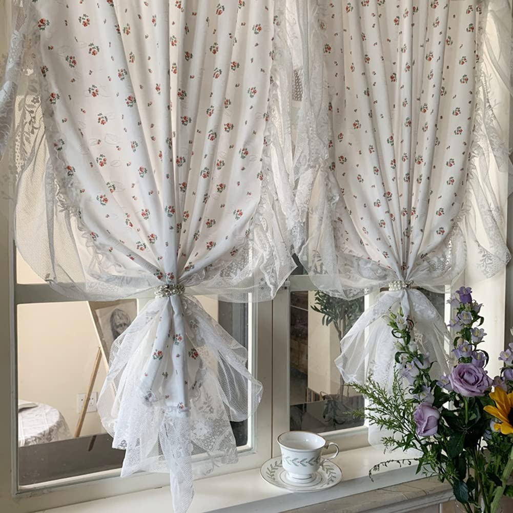 Weißes Blumenmuster Küche Kurze Vorhänge, Schiere Spitze Scheibengardine, Landhaus Semi Verdunkelungs Gardinen, 2 Panels (Size : HxW100x170cm/39x67inch)