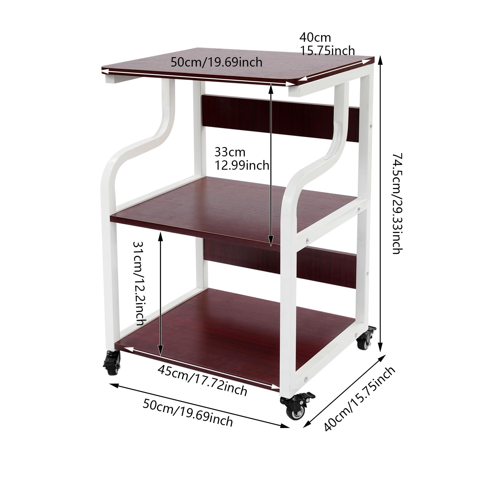 WooDerson Mesa de impresión de 3 niveles con ruedas, carrito de almacenamiento móvil, estante multiusos, soporte para impresora debajo del escritorio para el hogar, oficina (color blanco + teca)