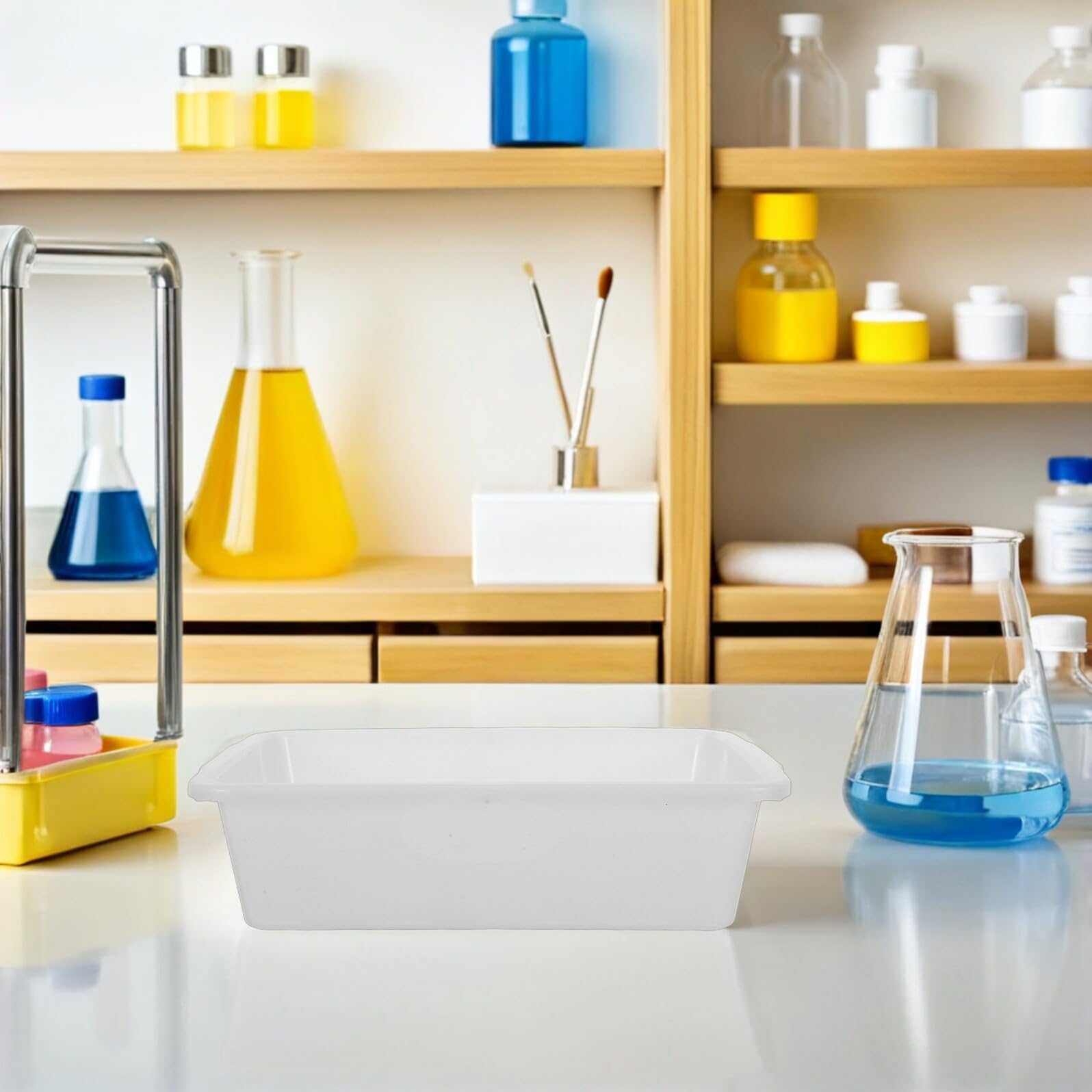 4 Pièces Plateau Rectangulaire en Plastique Blanc Résistant aux Produits Chimiques pour Expériences en Laboratoire, Bac Étanche pour Échantillons et Substances Diverses, Dimensions