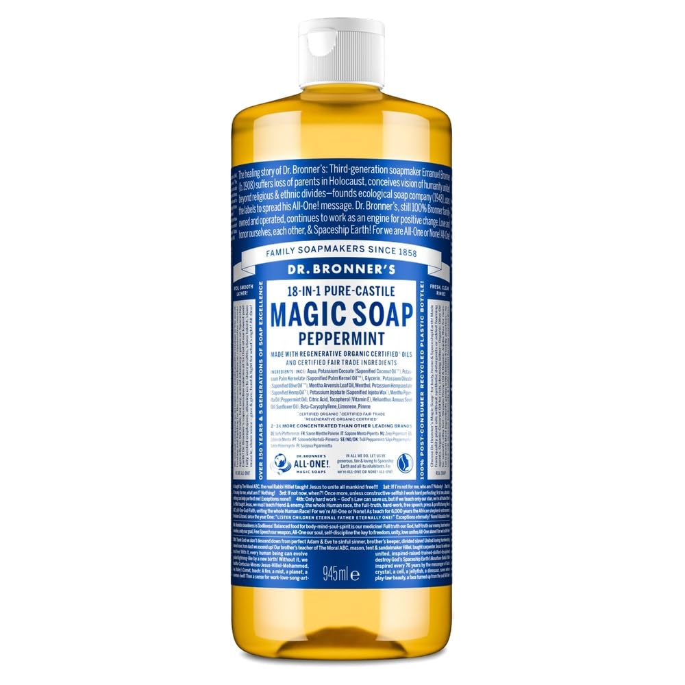 Dr Bronner's - Jabón líquido 18 en 1 de menta pura, fabricado con aceites orgánicos, utilizado para cara, cuerpo, cabello, lavandería, mascotas y platos, certificado de comercio justo y apto para