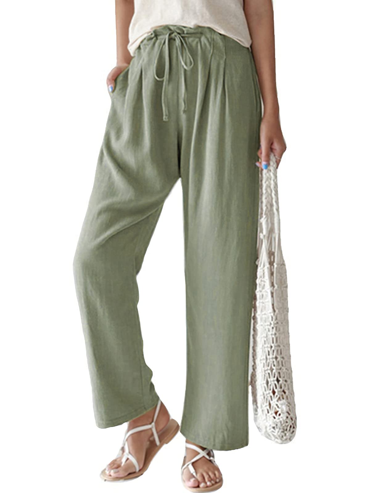 ebossy Womens Summer Drawstring Elastic Waist Cotton Linen Utility Beach Palazzo Pants Pockets